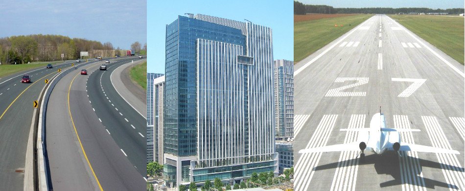 Airoport runway, large buidling, flyover, highway